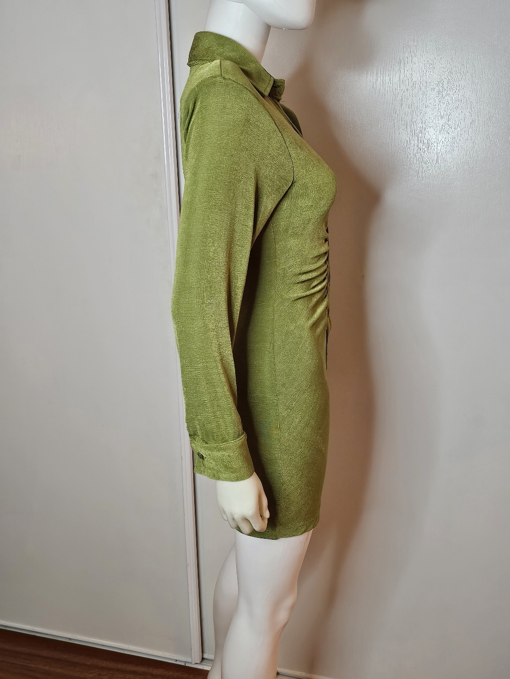 Fashion Nova Olive Green Button-Front Ruched Long Sleeve Shirt Dress Size XS - Picture 3 of 12